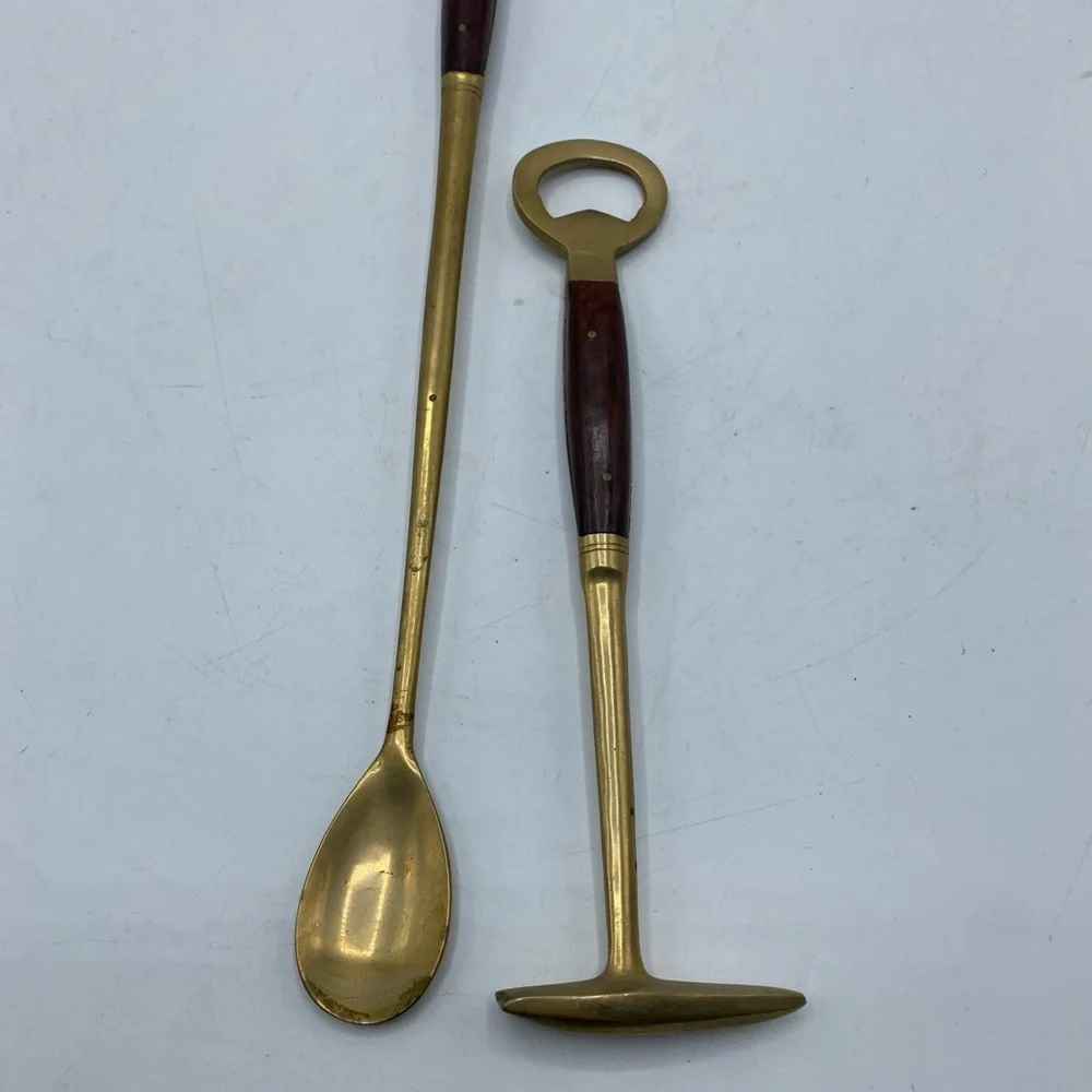 Vintage Brass Barware Bottle Opener Hammer /ice pick Wood Handle Stirring Spoon